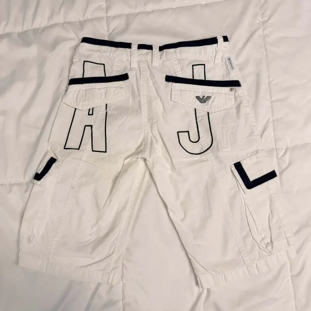 Armani Junior Boys White Cargo Shorts Navy Trim A Jr Logo Size 8A 130cm